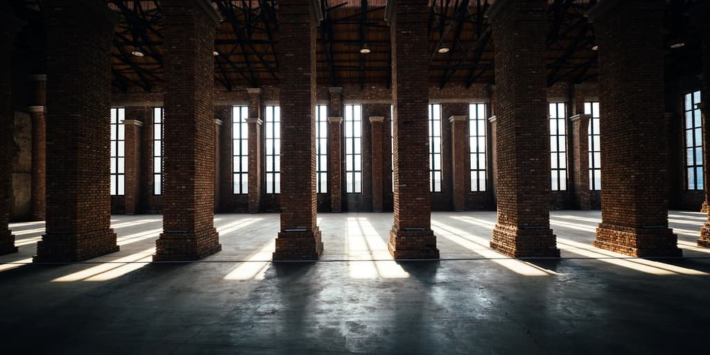 Sunlight through tall windows onto brick columns in a converted mill building