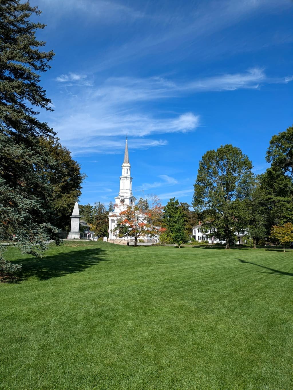White-steepled meeting house on a New England town common
