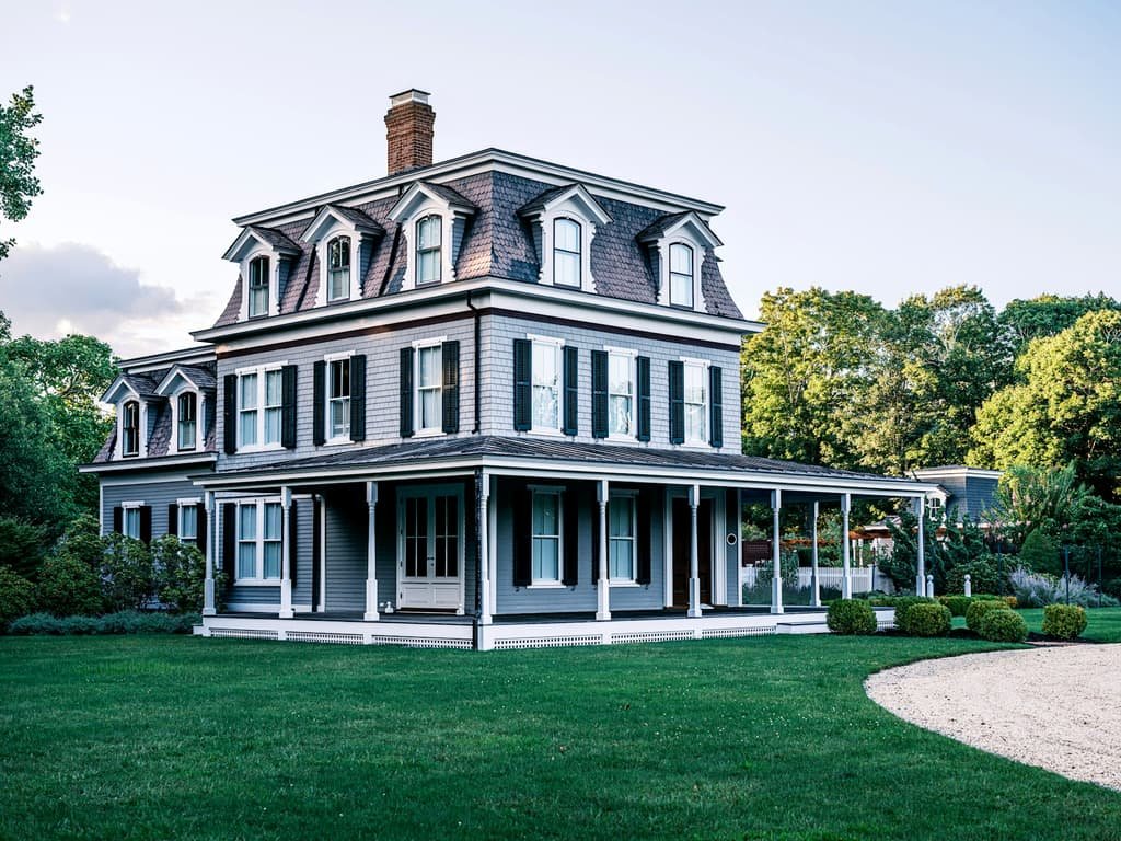 Grand gray Victorian home with a wraparound porch