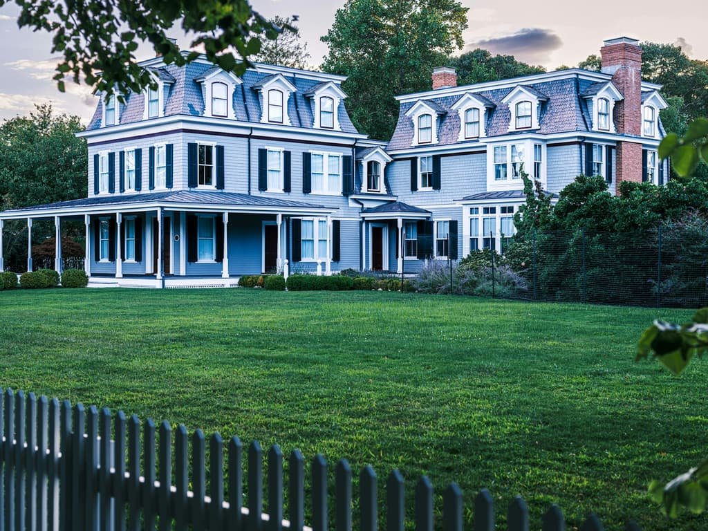 Blue Victorian homes with wraparound porches behind a picket fence